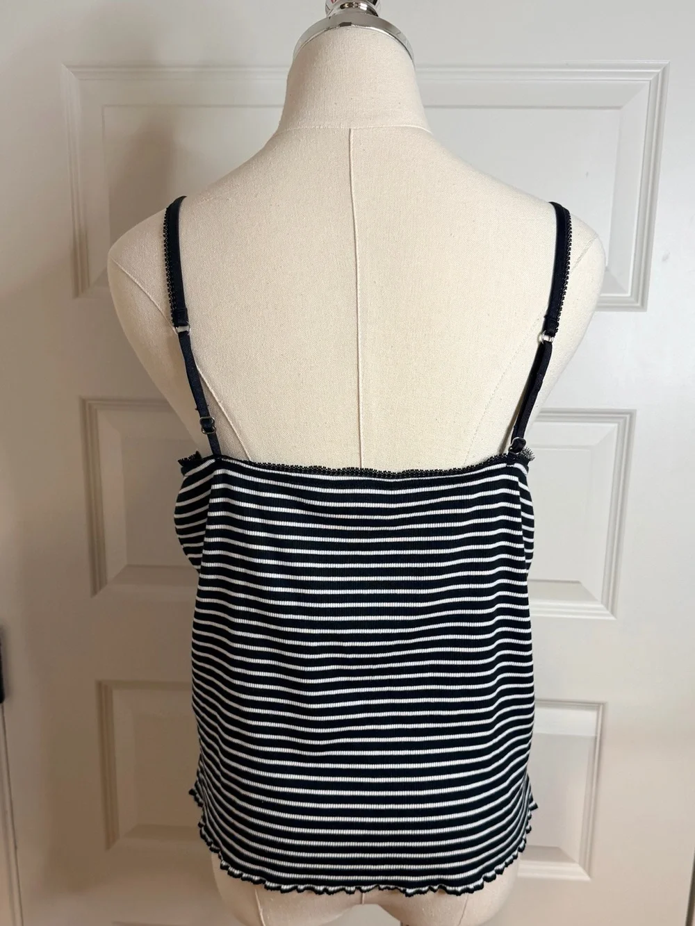 J. Crew Black & White Striped Fine Rib Lace Trim Cami